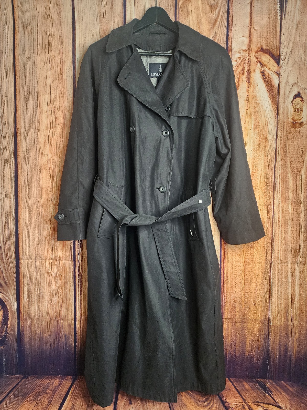 Stylish Long Black Trench Raincoat for Women with Removable Lining Belted London Fog Size 14 Pet-image
