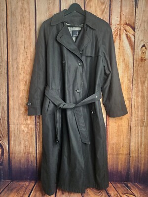 Long black trench raincoat women belted London Fog size 14 pet