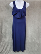Calvin Klein Maxi Dress Womens 6 Solid Blue Sheath Ruffle Stretch Long