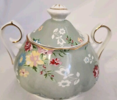 Gracie Shabby Rose Green Sugar Bowl With Lid Vintage Excellent Condition