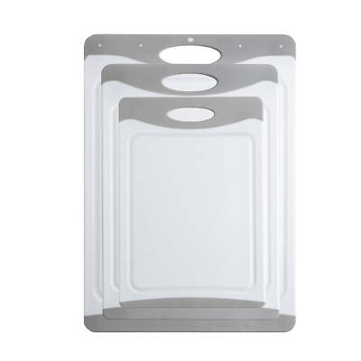 Mainstays Set of Three Non-Slip Polyethylene Cutting Boards, White and Silver