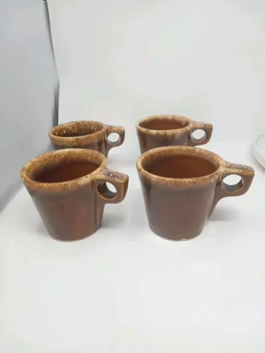 Set of 4 Hull Oven Proof Made in U.S.A. Brown Drip 3-1/2" Tall Coffee Cups vtg