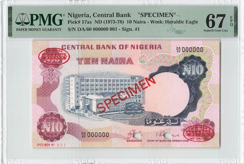 NIGERIA 10 Naira 1973-1978, P-17as SPECIMEN, PMG 67 EPQ Superb Gem UNC, TDLR.