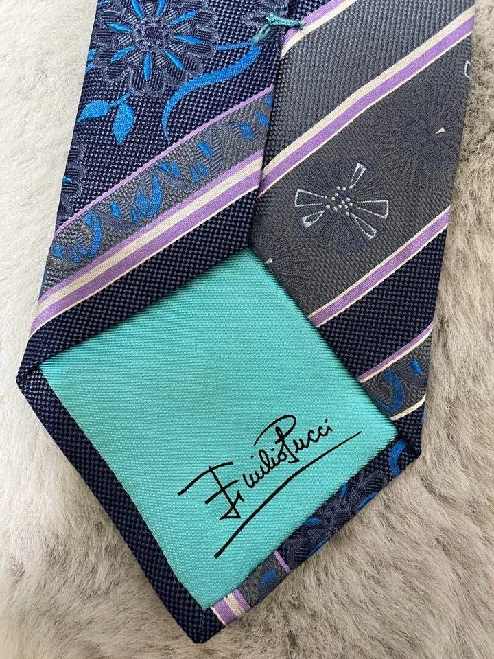 Corbata Emilio Pucci Seda Floral Rayas Azul Marino Hecha en Italia Sin accesorios Foto 4 de 4
