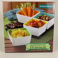 Over and Back Summertime 5 Piece Serving Set with Wooden Tray New Open Box