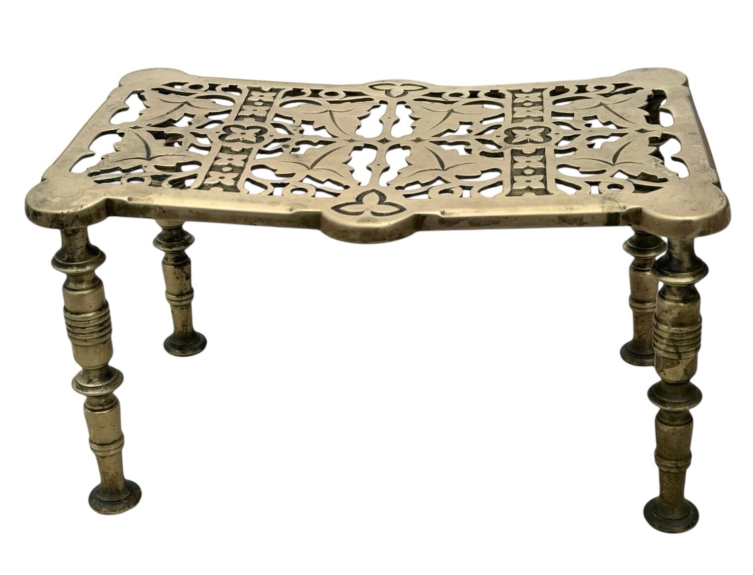 ANTIQUE BRASS FIREPLACE TRIVET KETTLE FOUR LEG STOOL MAKERS MARK 10.5”x 6”x 6”