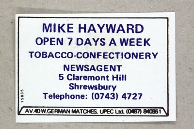 Matchbox Label Upec Mike Hayward Newsagent 5 Claremont Hill Shrewsbury MR206
