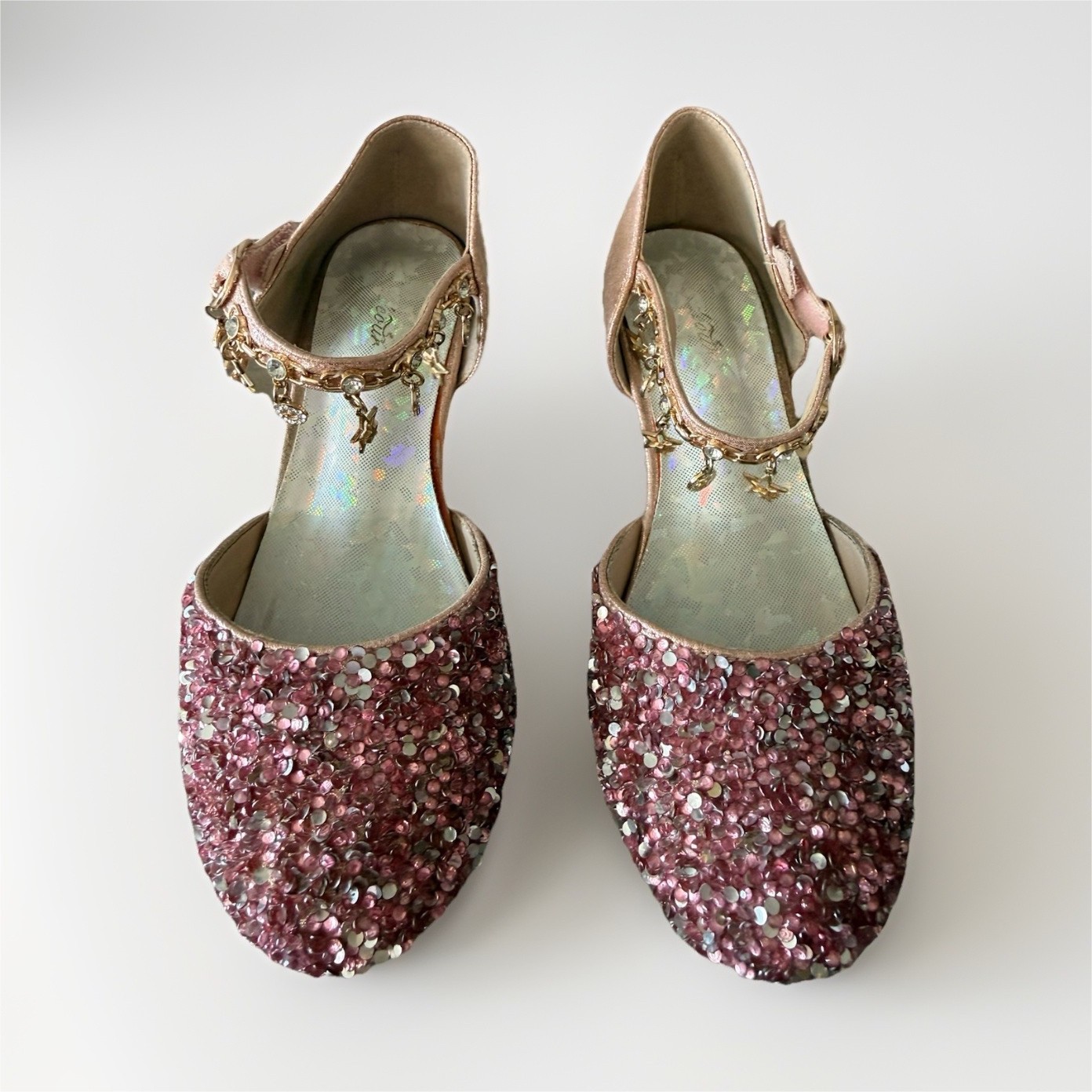 Girls Pink Gold Glitter Sequin Bow Charm Mary Jane Dress Shoes Ankle Strap 2