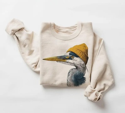 Vintage 90's Great Blue Heron Wearing Beanie Birdwatching Birding Sweatshirt