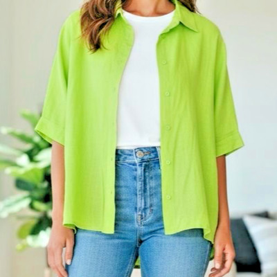 DeFacto Women's XL Linen Shirt Lime Green Short Sleeve Button Up Casual Summer