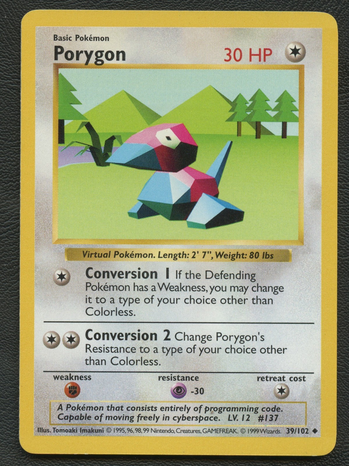 1999 Mint WOTC Shadowless Porygon 39/102 Uncommon Pokemon Card
