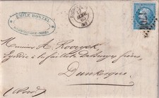 🦬Lettre avec N°22 - 20 c Bleu Empire- PC 1764 Haubourdin  pour Dunkerque🦬