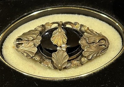 Antique Victorian Momento Mourning Black Onyx Seed Pearl Gold Filled Leaf Brooch