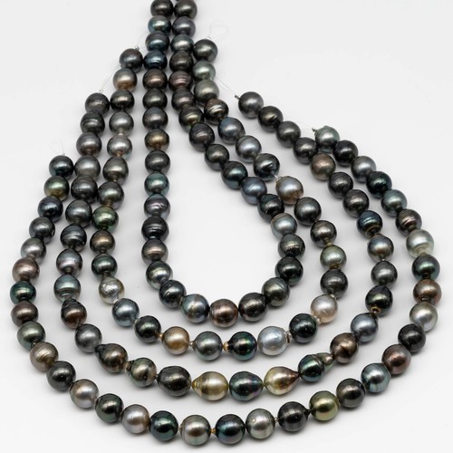 Cuentas de perlas de Tahití multicolor de 11-12 mm con alto brillo, en hilo completo con azul - Imagen 1 de 9