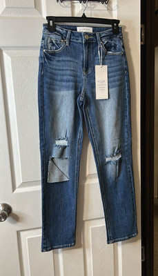 RISEN Women s High Rise Straight Jeans Blue Medium Wash Distressed Denim