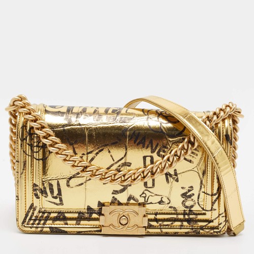 Chanel Boy Graffiti Medium Gold Croc Embossed Leather Flap Bag