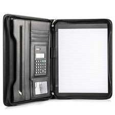 Black Superior Vegan Leather Business Portfolio with Zipper Padfolio AllinO...