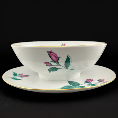 Vintage Easterling Radiance Pink Rose Oval 7'' Gravy Boat Attached 9'' Under Plate