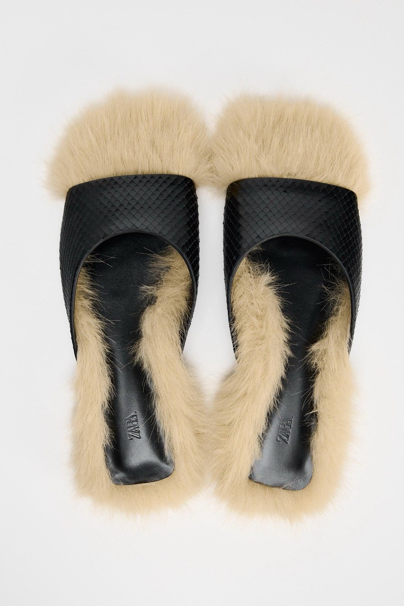 ZARA Woman Limited Edition Faux Fur Leather Flat Sandals Black US