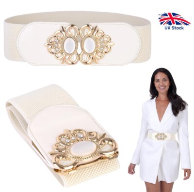 3595 Stretchy Vintage Wide Waspie Elastic Pearl Buckle Waist Belt (white White Wide Stretch Elastic Belt White Buckle Clasp - Etsy main image 2