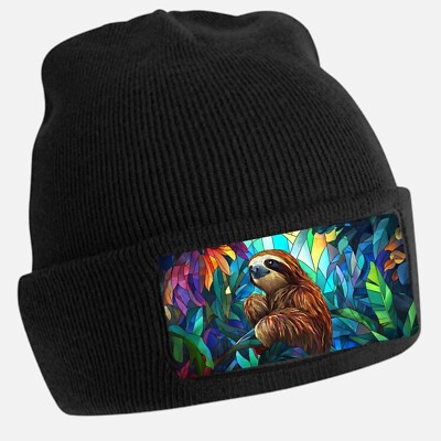 Black Beanie Hat with Cool Sloth Motif - Unisex Cap, Cotton