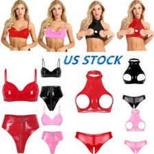 Womens Wet Look PVC Leather Nightclub Lingerie Set Bra Top High Waist Briefs