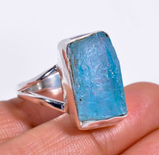 Natural Raw Aquamarine Ring Blue Stone 925 Sterling Silver Statement Boho Ring