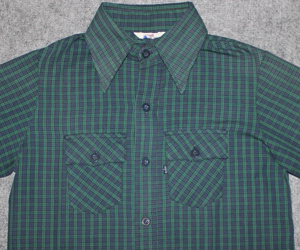 Camisa vintage LEVI'S MUJER AÑOS 70 BOTÓN GRANDE DELANTERO L/S sarga verde a cuadros talla XS Foto 2 de 4