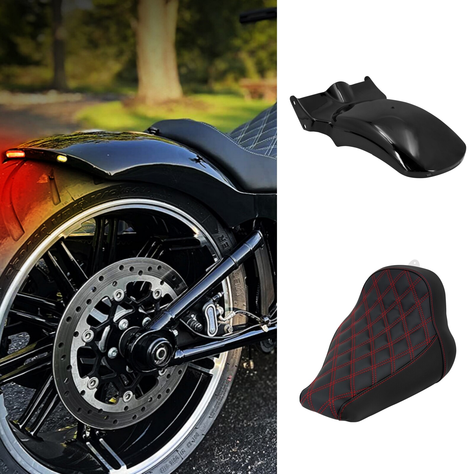 Red Line Solo Driver Rider Seat + Rear Short Fender w/ Turn Signal LED Light Kit