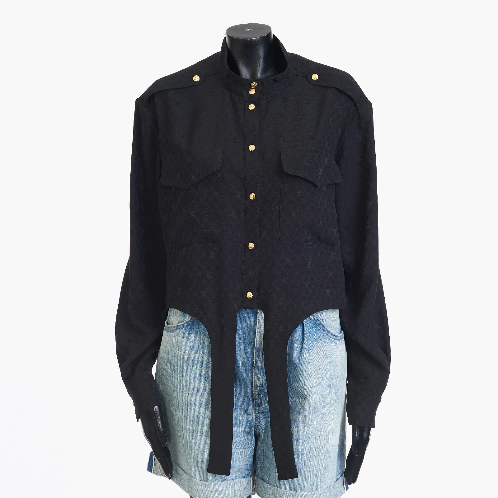 Celine — CELINE 1750$ Black Silk Cropped Knotted Blouse - Patch Pocket, Triomphe Jacquard