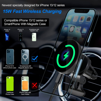 cigarette lighter wireless charger DACK Mag-Safe 15W Car Cigarette Lighter Wireless Charger, Magnetic Auto-Alignment Air Vent Mount Holder with Dual Port PD&QC3.0 Fast Charging for