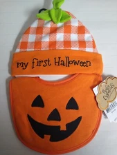 Baby Essentials Brand Halloween Orange Bib and Hat Set Embroidery Detail