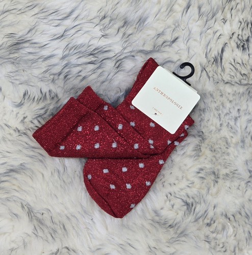 NWT ANTHROPOLOGIE LUREX CREW SOCKS POLKADOT PRINT RED/ SILVER OS $24.00