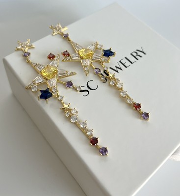 Christmas Earrings 925 Sterling Silver 14k Gold Plated  Colorful Shiny Star