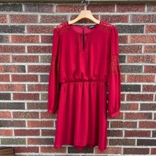 Express Red Floral Lace Key Hole Front Long Sleeve Chiffon Mini Dress