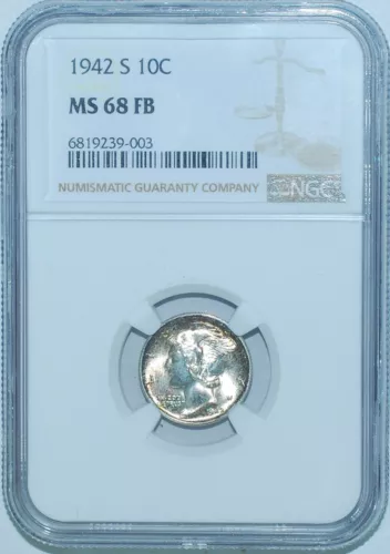 1942 S NGC MS68FB Full Bands Mercury Dime