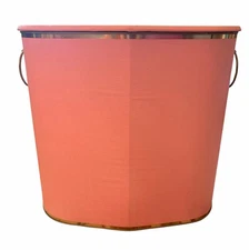 Vintage Pink Metal Laundry Hamper Mid Century Brass Trim Storage Bin w Lid