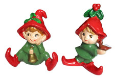 Vintage Pair 2 Lefton Christmas Pixies Elf with Bird and Elf with Bell Sri Lanka