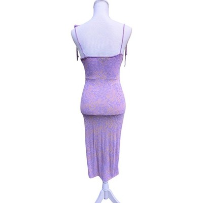 missguided purple dress Missguided Purple Floral Tie Strap Midi Dress Bodycon Slit Size 4 / Small  Lilac