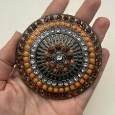 Western Rhinestone Concho Belt Buckle Round Orange Silver Tone Cowgirl Boho