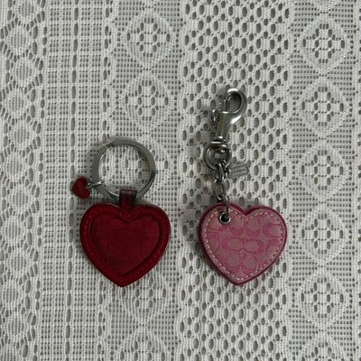 COACH Heart Signature Charm Keychain Key Ring Pink Red 2pc Set Auth