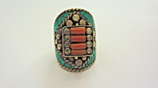 Vintage Tibetan Silver Ring w/Turquoise and Coral inlays Size 8.25