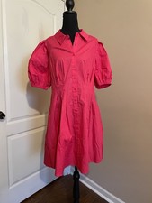 NWT Eliza J Pink Button Front Tiered Puff Sleeve 100% Cotton Shirt Dress Size 10
