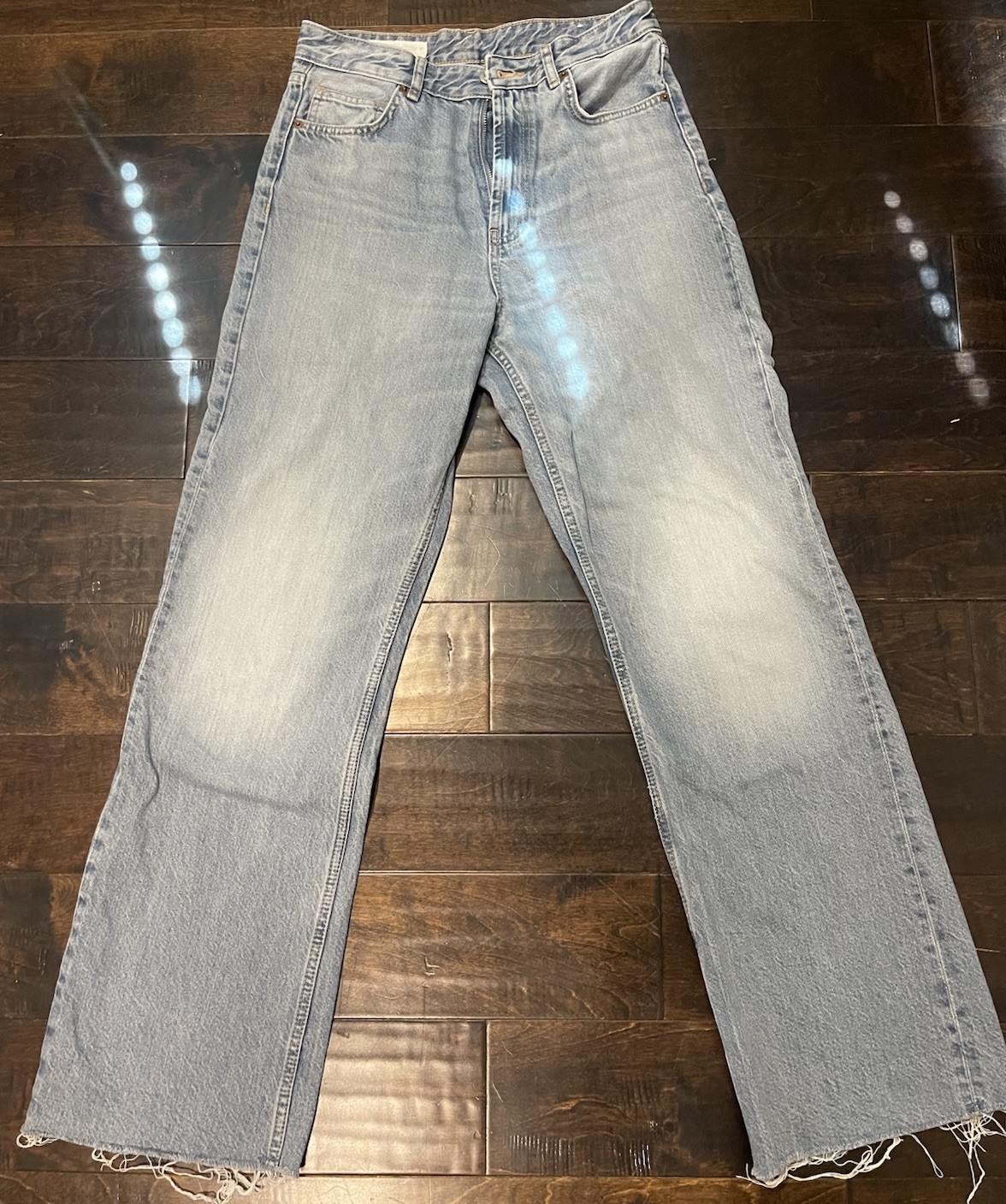 Zara Women's Light Blue Denim Straight Leg Jeans Raw Hem 5-Pocket