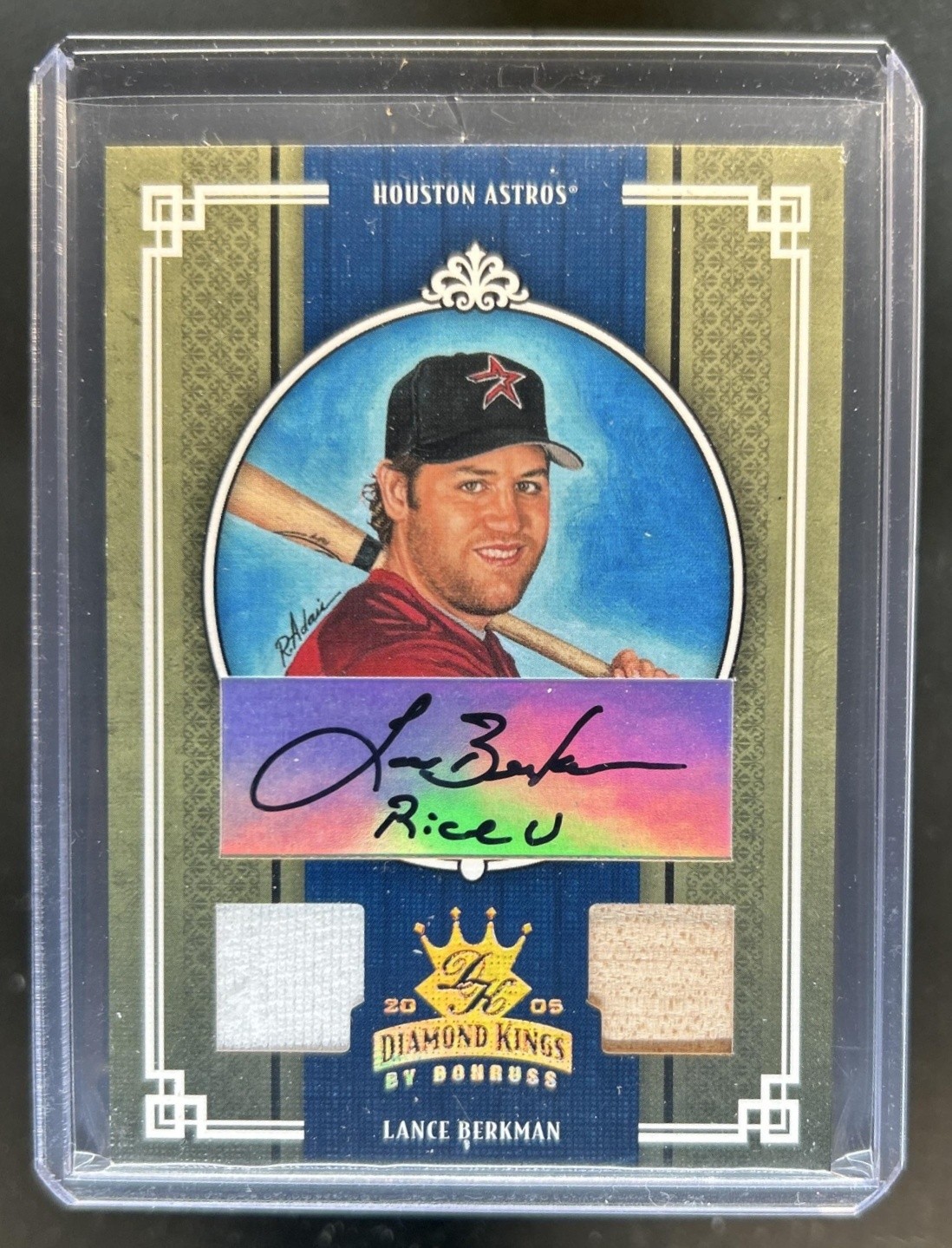 2005 Donruss Diamond Kings Lance Berkman Game Used Jersey and Bat Gold Auto #/5