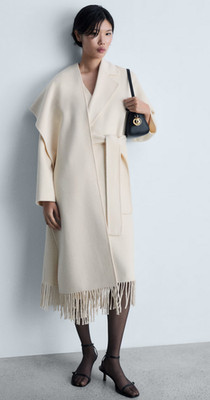 with tags MANGO MNG ECRU FRINGE WOOL BLEND DETACHABLE SCARF COAT SZ  G2U