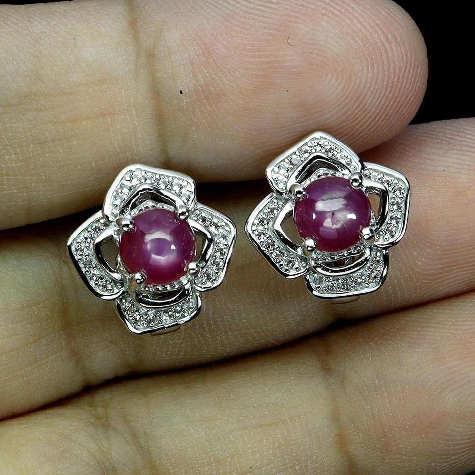 925 Sterling Silver Earrings Round 6 Rays Star Ruby 6mm Topaz Gemstone Jewelry Foto 2 de 4