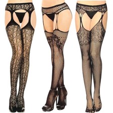Womens Garter Belt Stockings Sheer Fishnet Lace Thigh High Pantyhose Stocking
