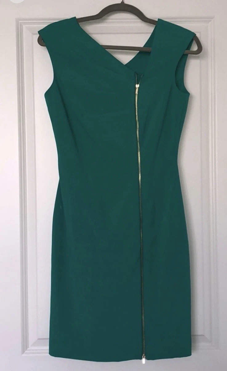 calvin klein green and gold dress Calvin Klein Velvet V-Neck Dress with Gold V-Bar and Side Ruching Malachite 6 at Amazon Women's Clothing store