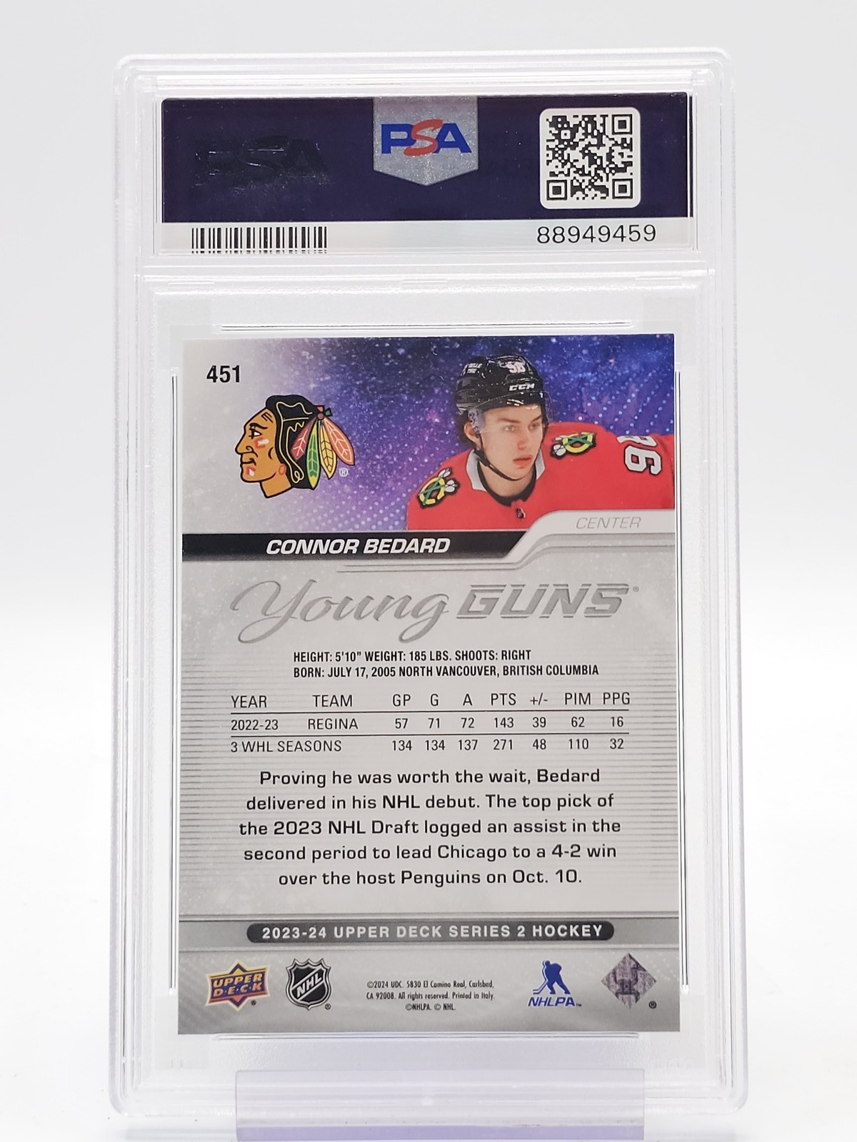 CONNOR BEDARD 2023-24 UPPER DECK SERIES 2 YOUNG GUNS ROOKIE RC PSA 9 Q2167 view 2